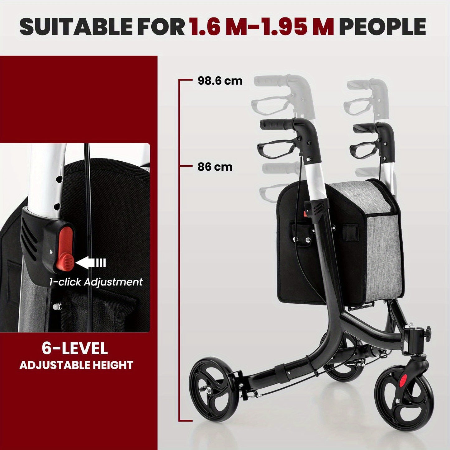 LIFEZEAL Aluminum Rollator Mobility Walker Adjustable Walking Frame Seniors w/Hand Brake & Storage Bag Black