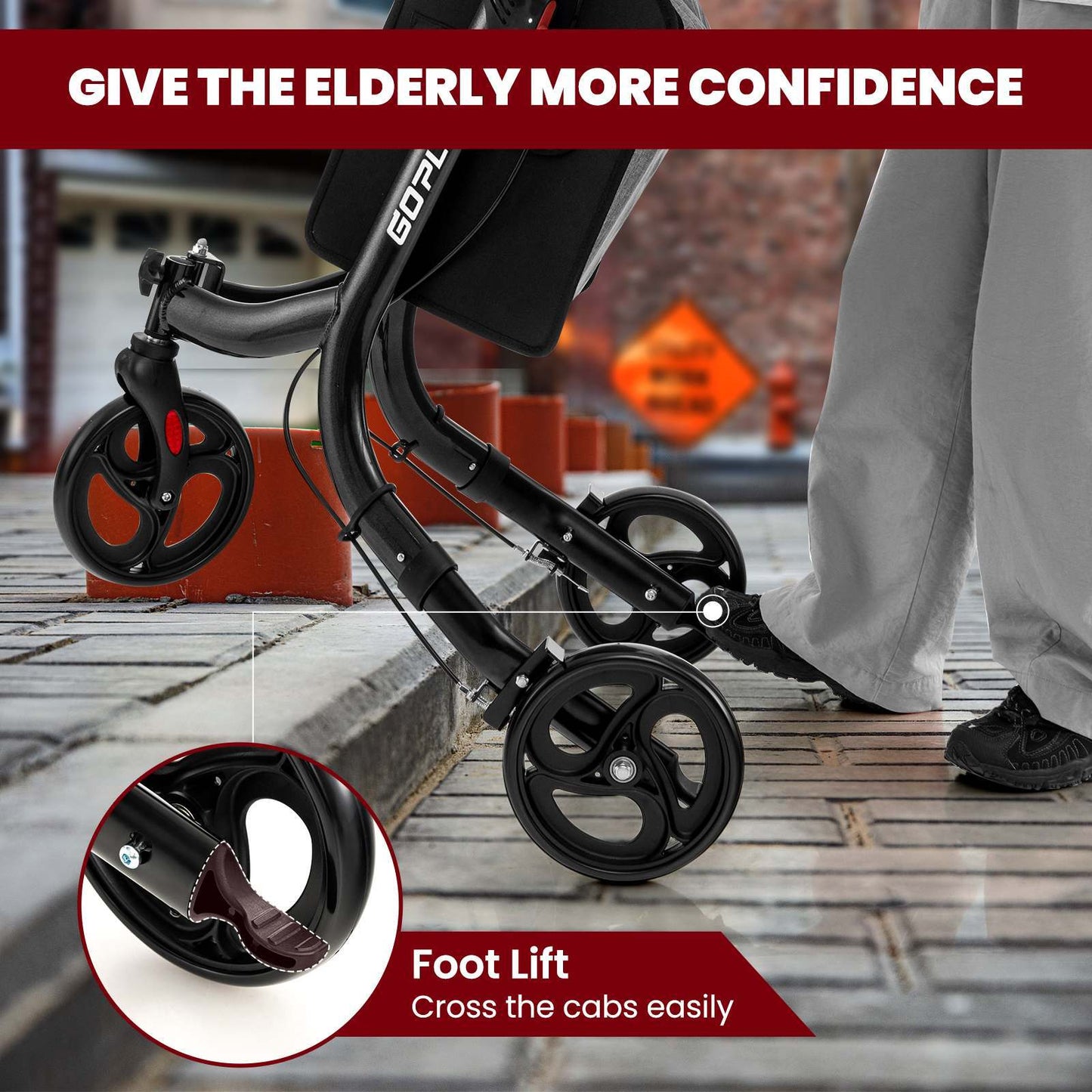 LIFEZEAL Aluminum Rollator Mobility Walker Adjustable Walking Frame Seniors w/Hand Brake & Storage Bag Black