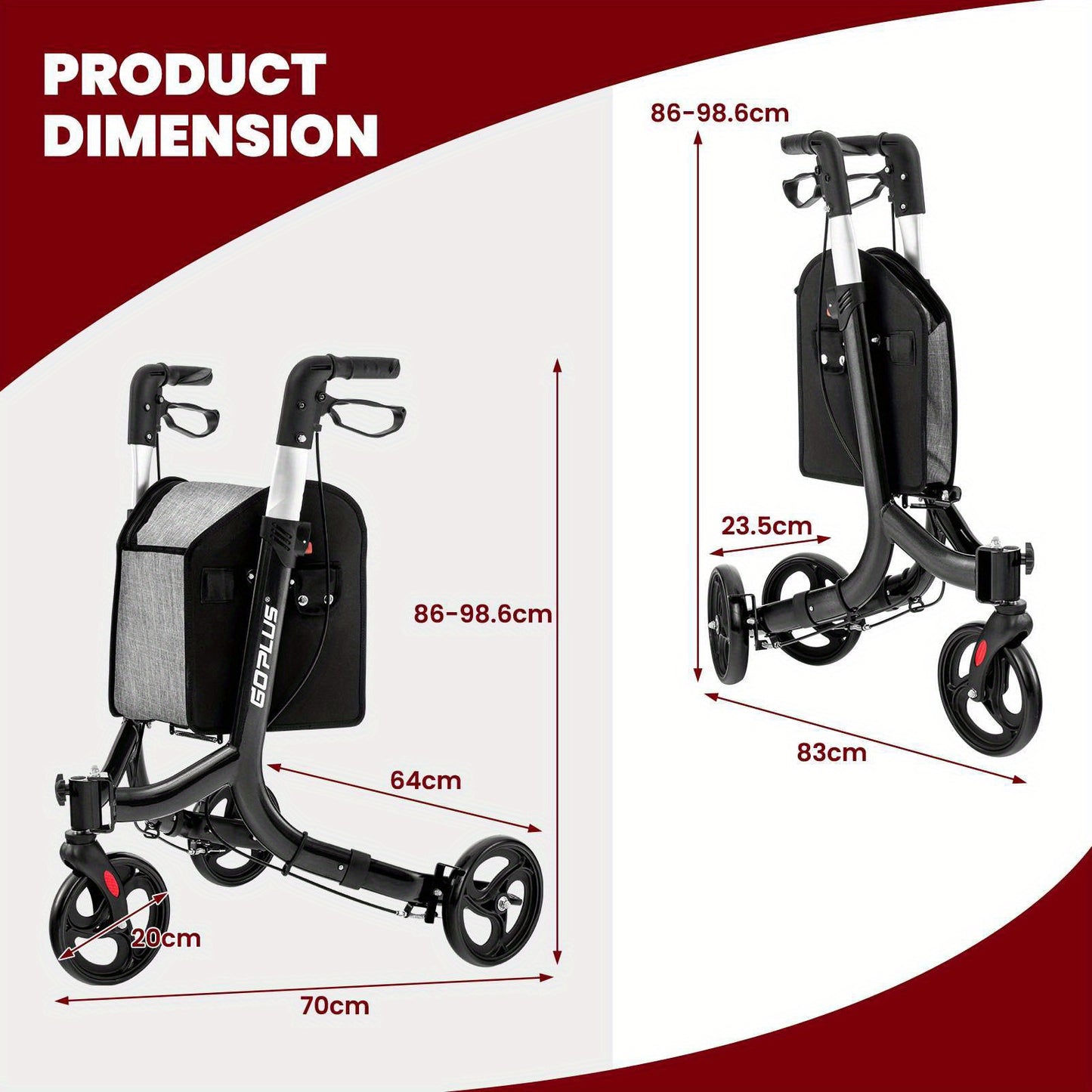 LIFEZEAL Aluminum Rollator Mobility Walker Adjustable Walking Frame Seniors w/Hand Brake & Storage Bag Black