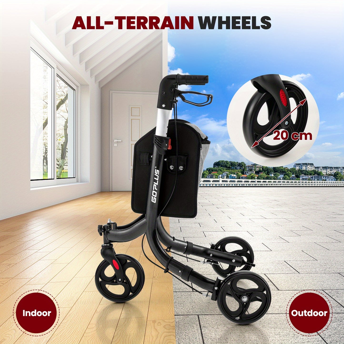 LIFEZEAL Aluminum Rollator Mobility Walker Adjustable Walking Frame Seniors w/Hand Brake & Storage Bag Black