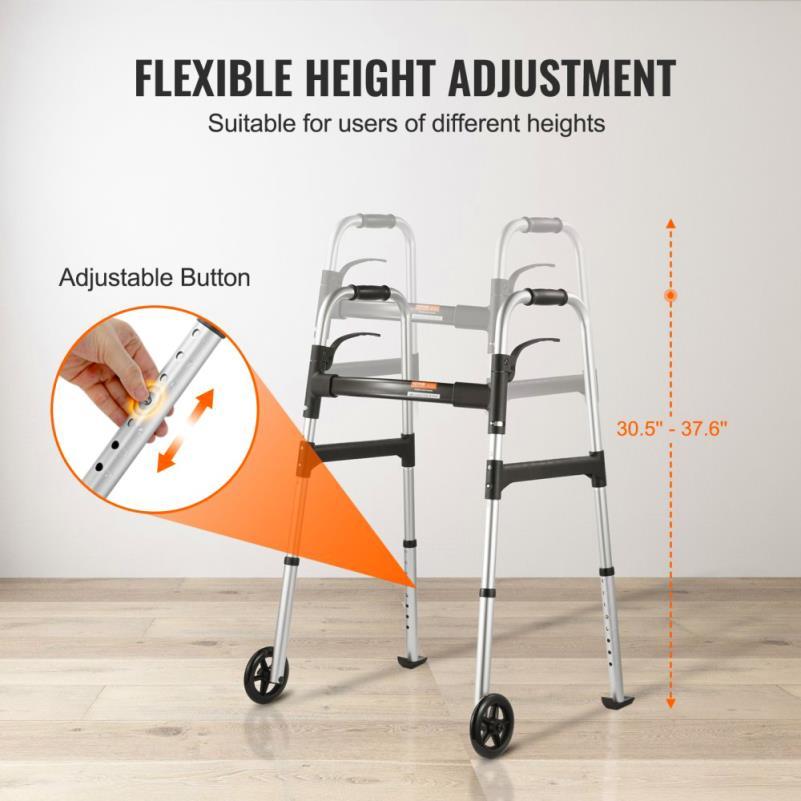 Folding Aluminum Mobility Walker with Adjustable Height and Wheels