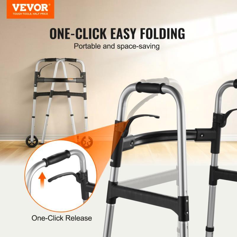 Folding Aluminum Mobility Walker with Adjustable Height and Wheels
