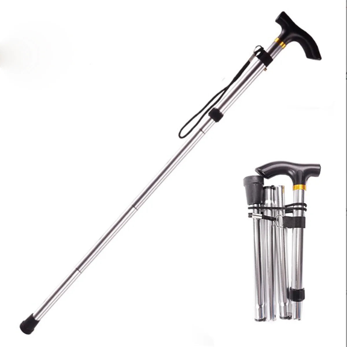 Collapsible walking stick with adjustable length on a white background