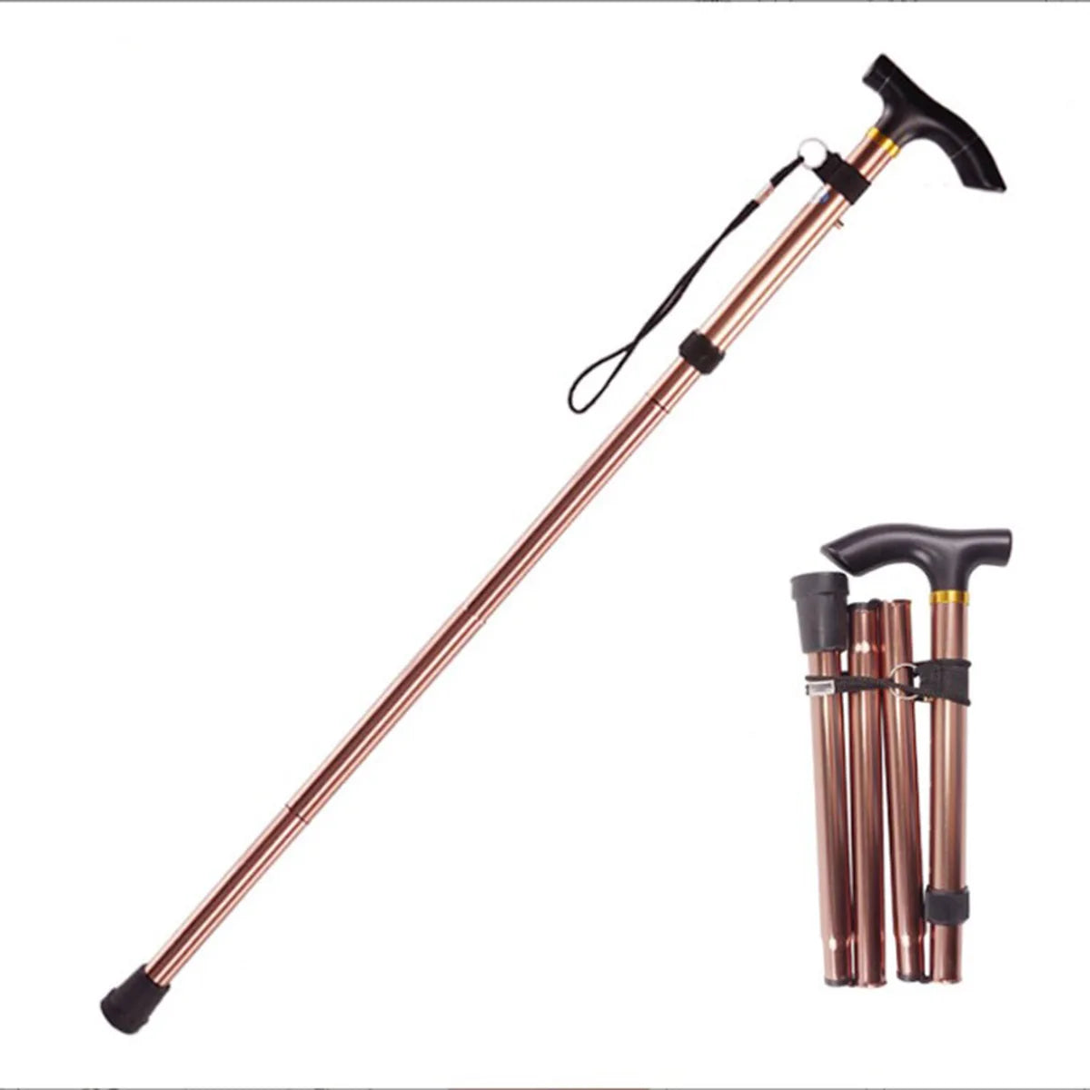 Collapsible walking stick with rose gold shaft and black components on a white background