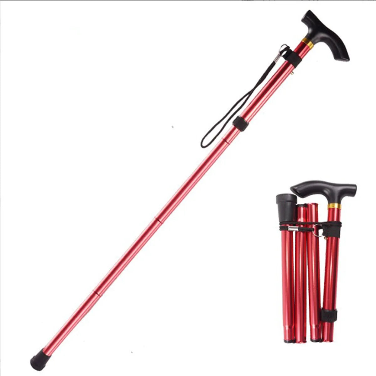 Red adjustable walking cane on a white background
