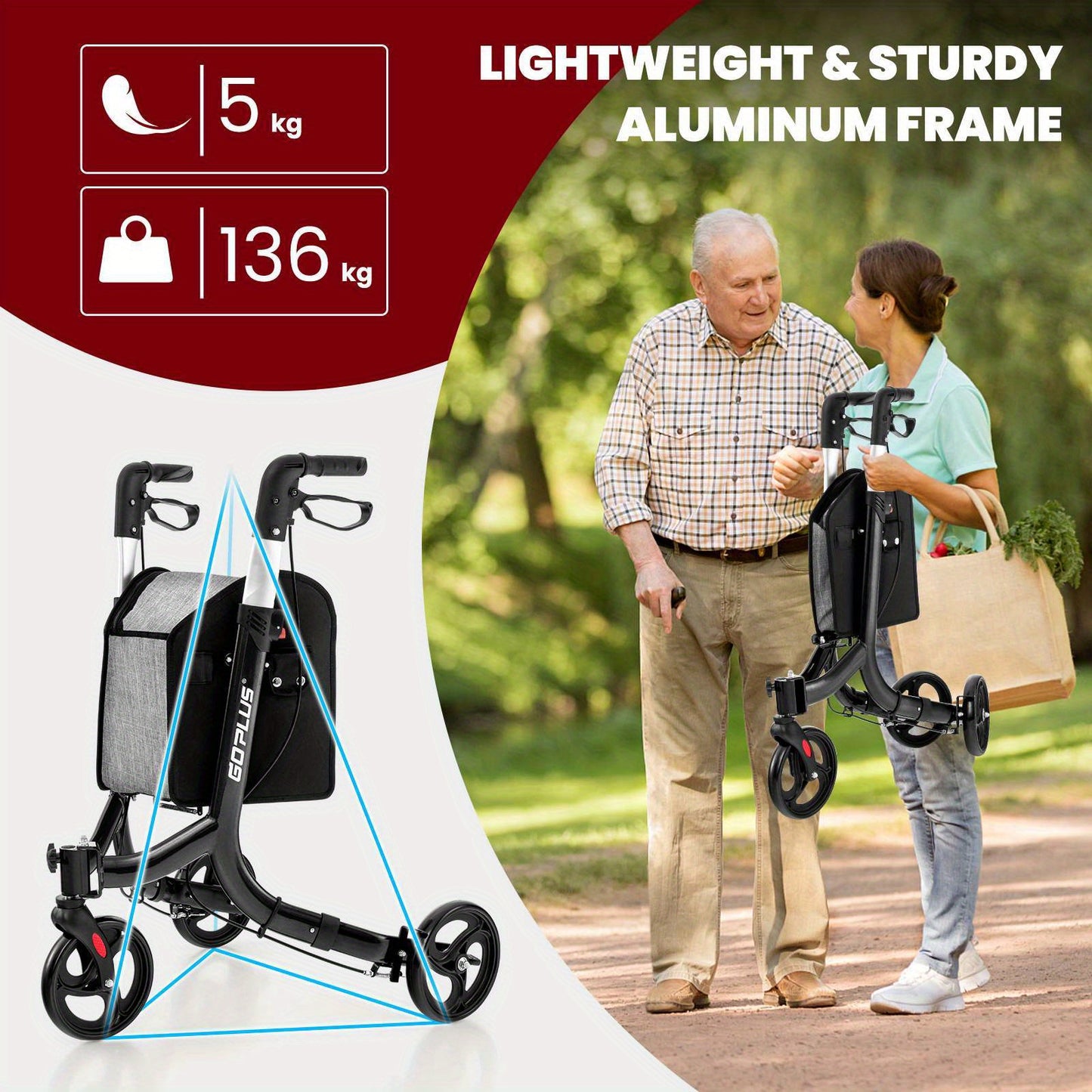 LIFEZEAL Aluminum Rollator Mobility Walker Adjustable Walking Frame Seniors w/Hand Brake & Storage Bag Black