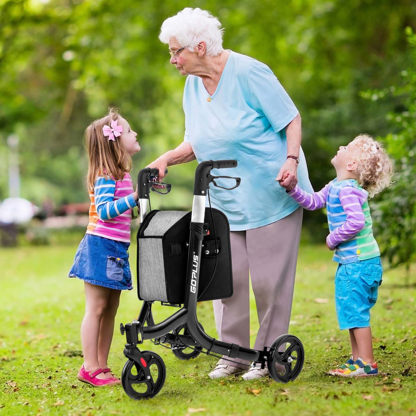 LIFEZEAL Aluminum Rollator Mobility Walker Adjustable Walking Frame Seniors w/Hand Brake & Storage Bag Black