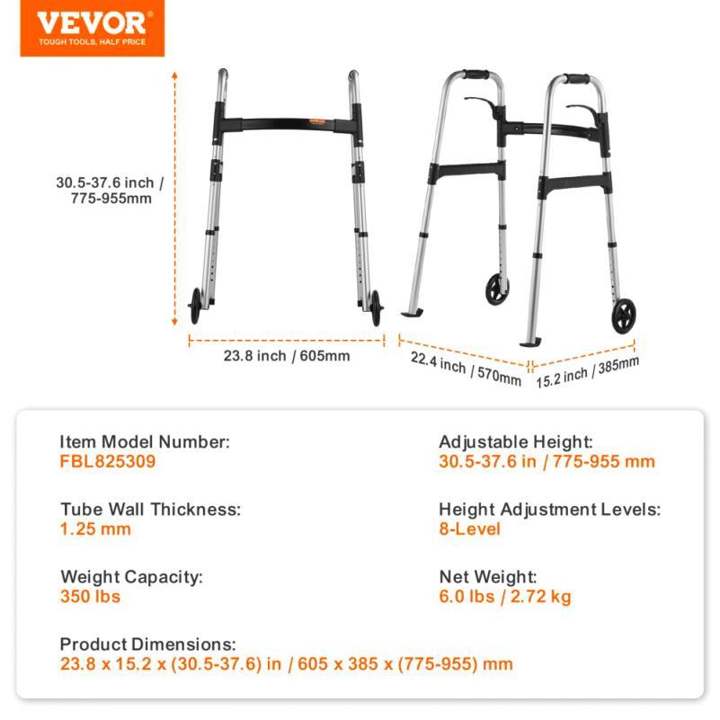 Folding Aluminum Mobility Walker with Adjustable Height and Wheels