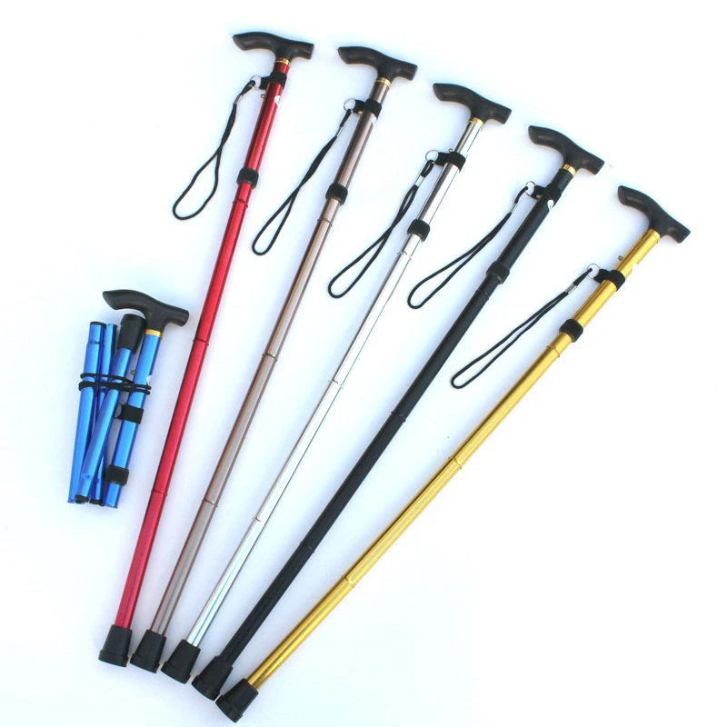 Set of folding walking sticks in various colors on a white background