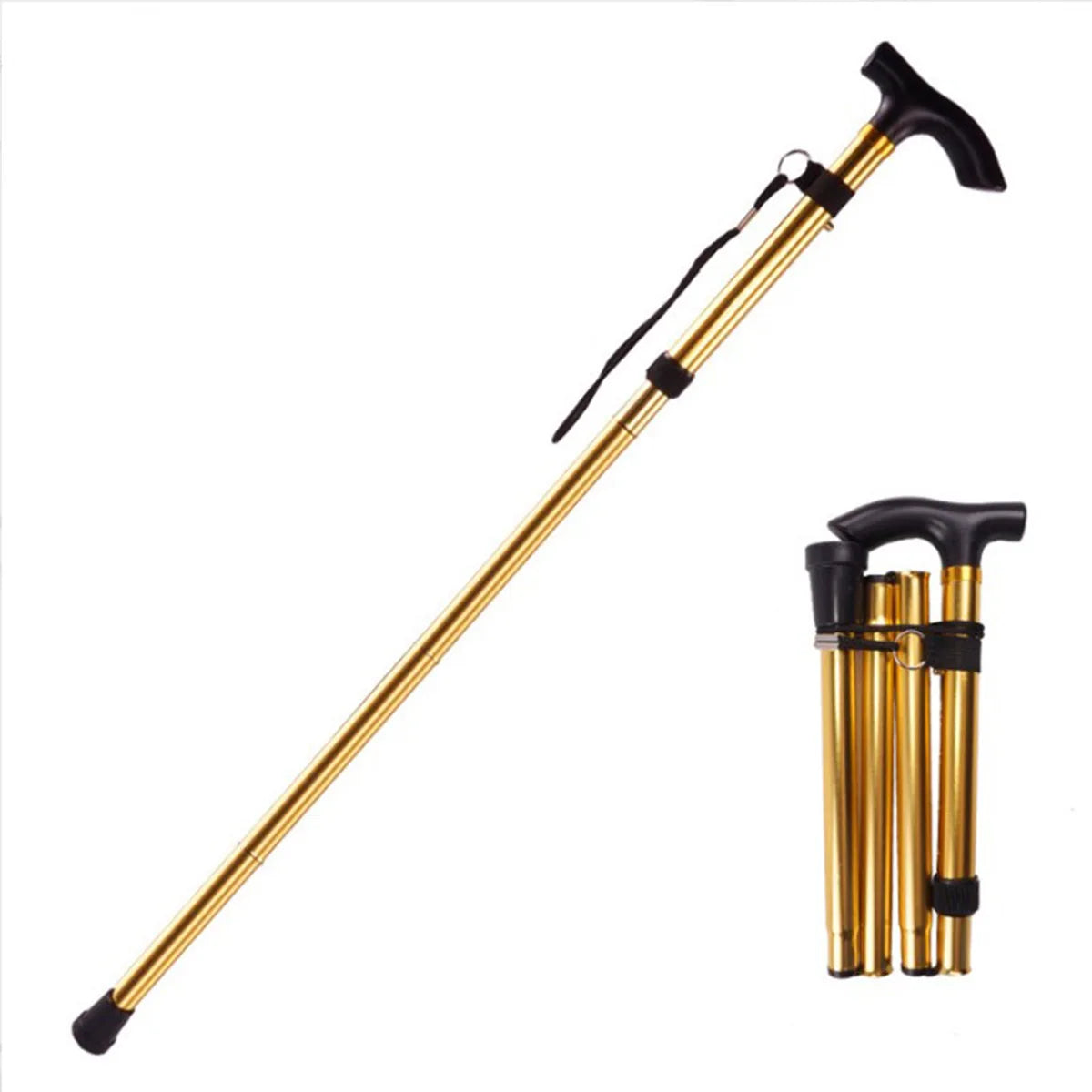 Gold folding walking stick on a white background