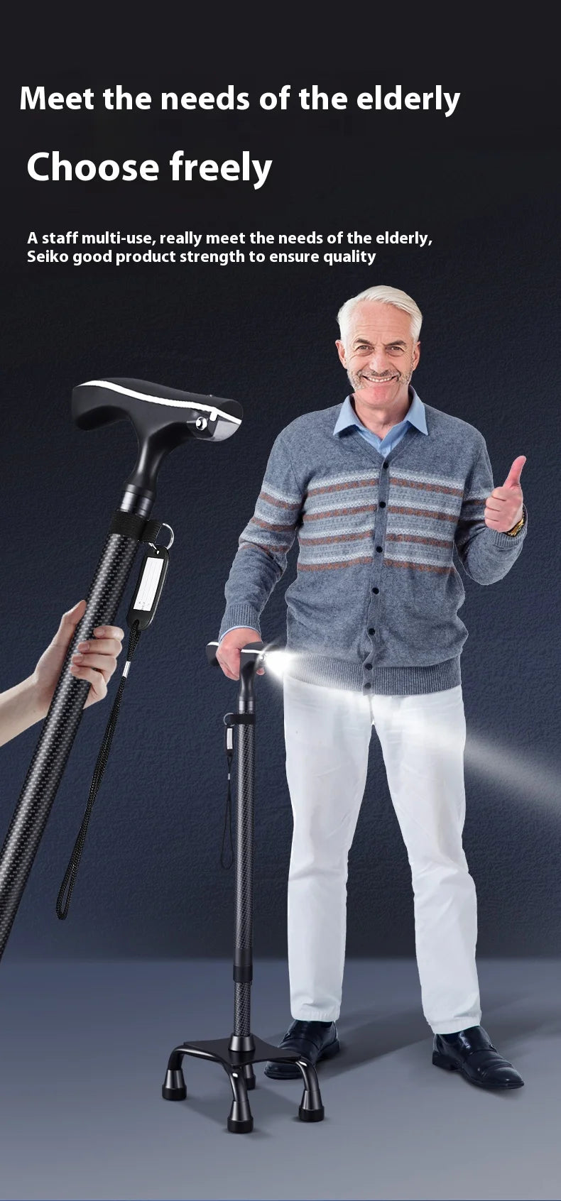 Photo of man with walking stick and thumbs up