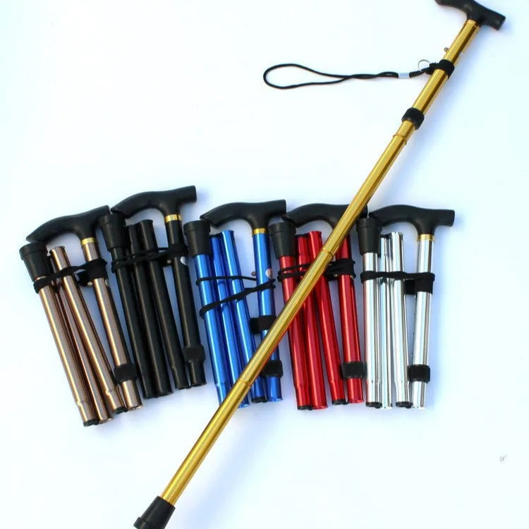 Set of folding walking sticks in various colors on a white background
