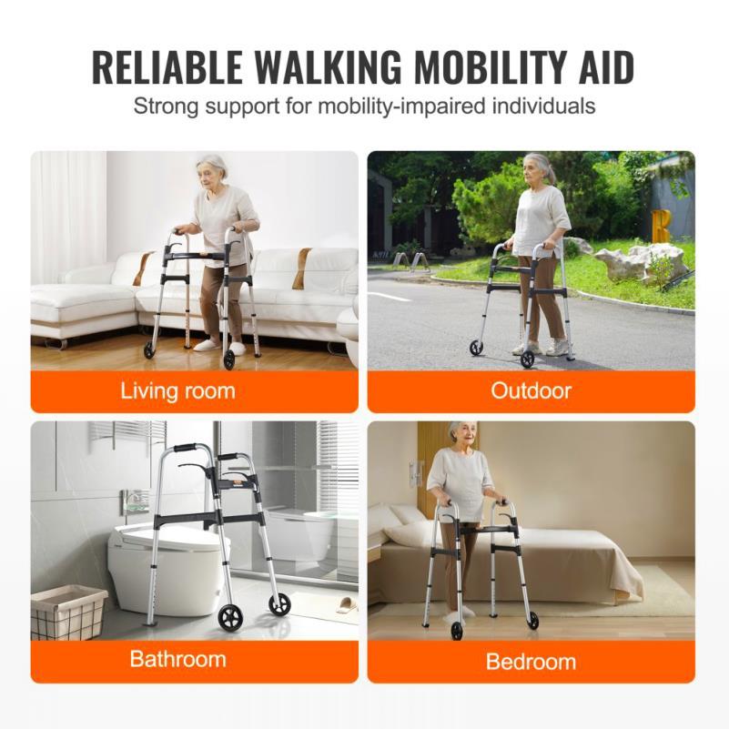 Folding Aluminum Mobility Walker with Adjustable Height and Wheels